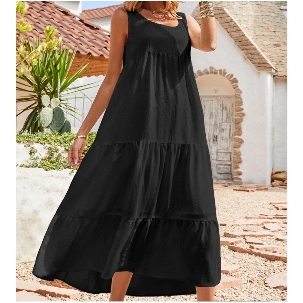Solid Black Flowy Ruffle Hem Maxi Dress - Picture 3 of 4